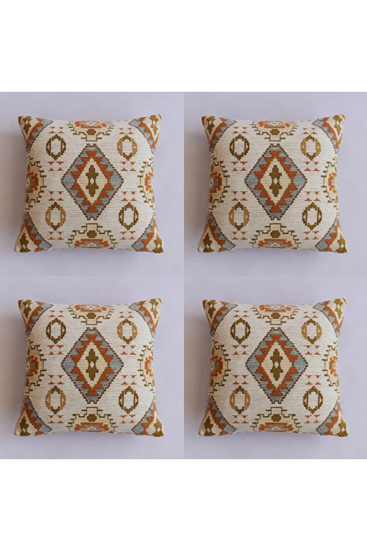 Kilim Desenli Dekoratif Yastık Kılıfı 4'lü Çift Taraflı Şönil Dokuma Gizli Fermuarlı Kırlent Kılıfı