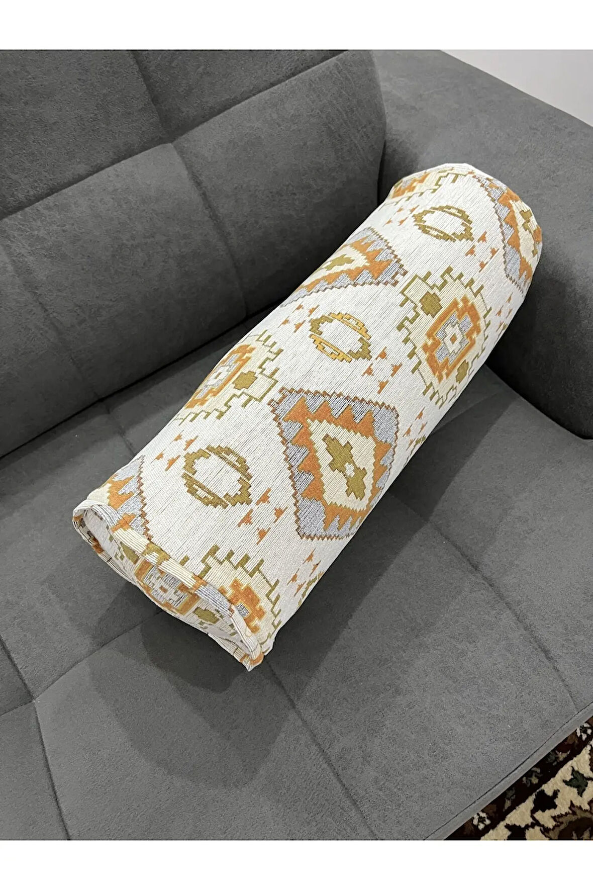 Kilim Desenli Beyaz Dekoratif Silindir Şönil Dokuma Fermuarlı Etnik Bolster Yoga Yastık Kılıfı