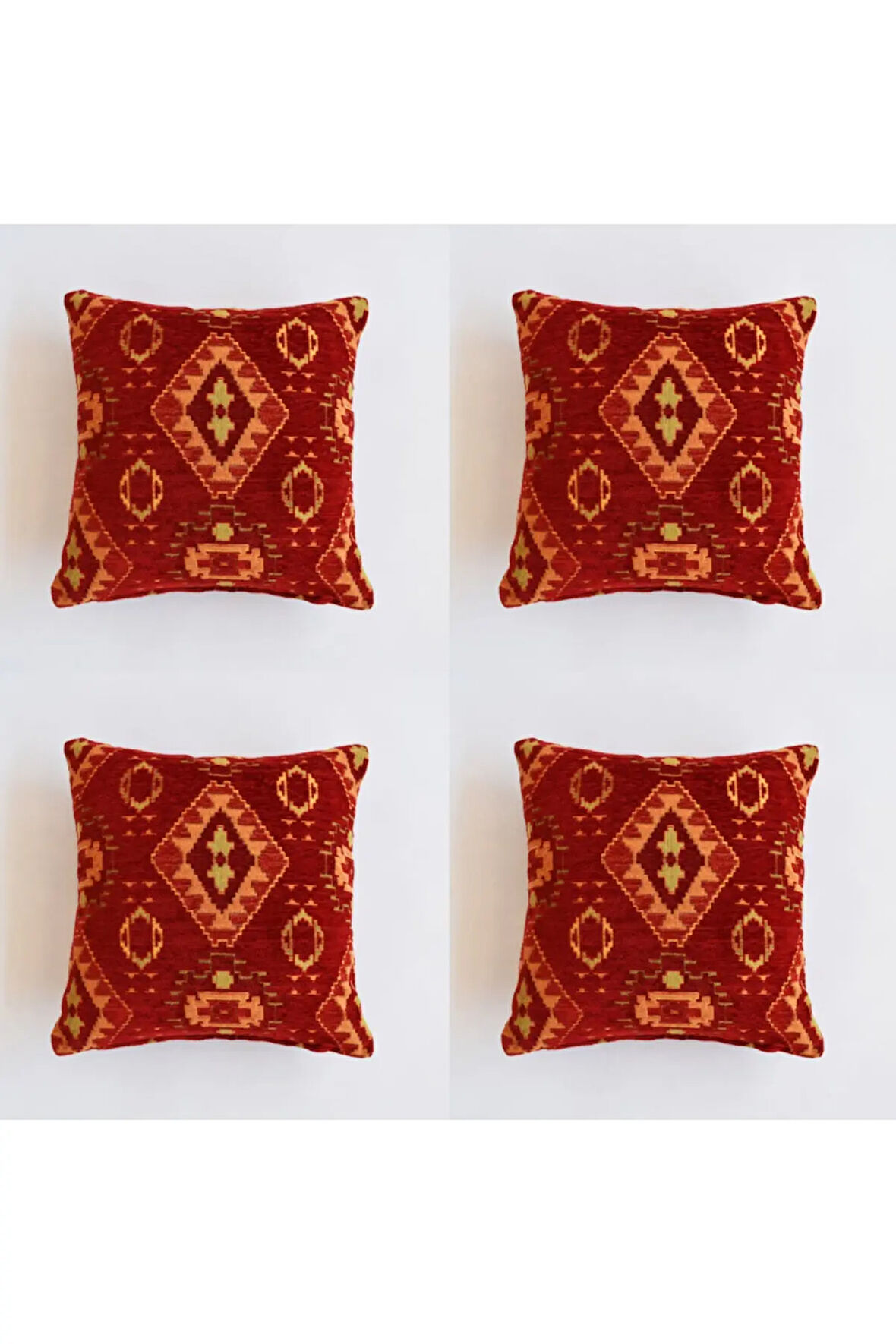 Kilim Desenli Dekoratif Yastık Kılıfı 4'lü Çift Taraflı Şönil Dokuma Gizli Fermuarlı Kırlent Kılıfı