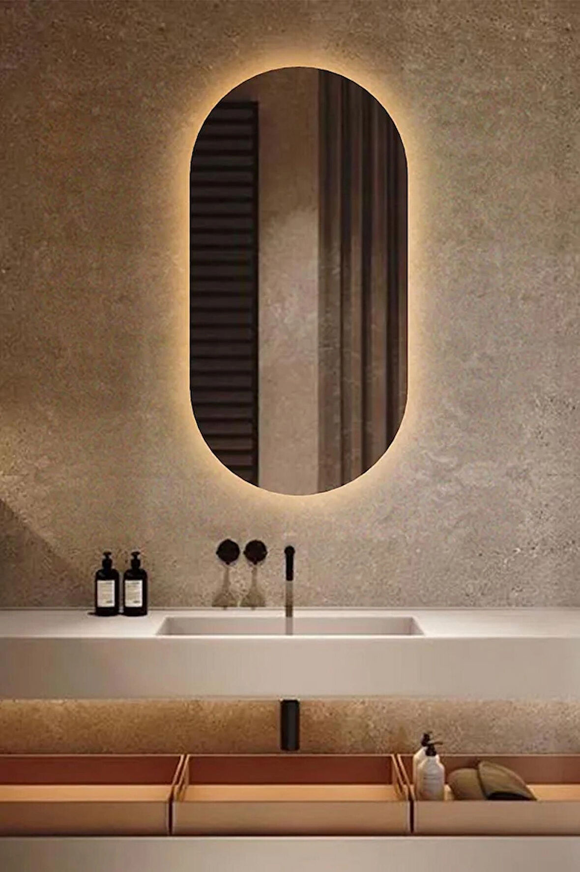 Fawdecor Led Işıklı Oval/Kapsül Model Dekoratif Duvar Aynası, Modern Eşsiz Ayna, Ayna Duvar Dekorasyon Ürünü 30 x 60 Cm Gün Işığı