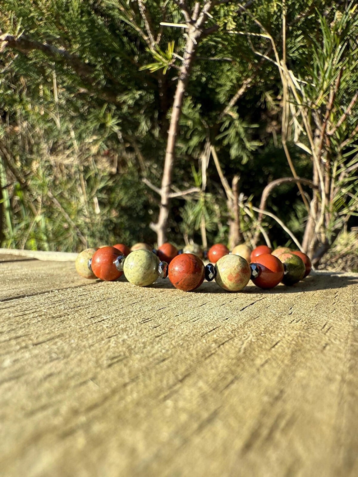 Kırmızı Jasper, Unakit, Hematit Bileklik - Owen Red Green Bileklik- Tasarım Bileklik 8 mm Esnek Ayarlanabilir 
