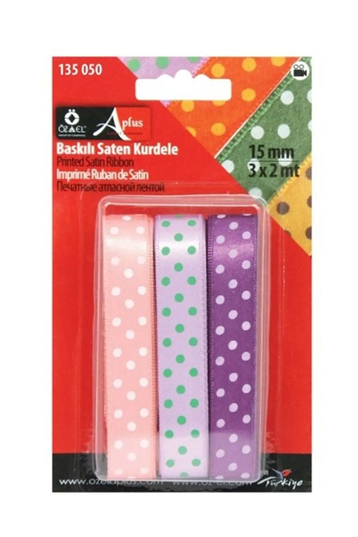 3 Adet Mor, Pembe, Lila Puantiye Baskılı Kurdele, Paketlik Kurdele 1,5 Cm 2 2 2 Mt 100 604