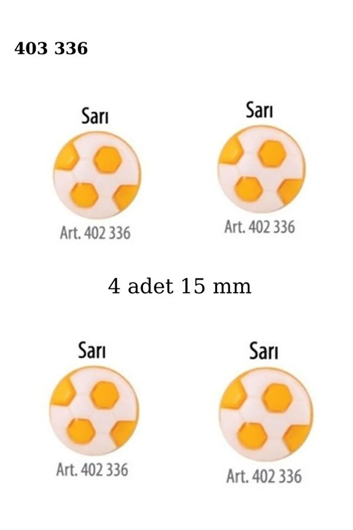 Futbol Topu Şekilli Sarı Renk 4 Adet 15 mm Bebek Düğme, Bebek Kazak, Yelek, Gömlek Düğmesi 403 336