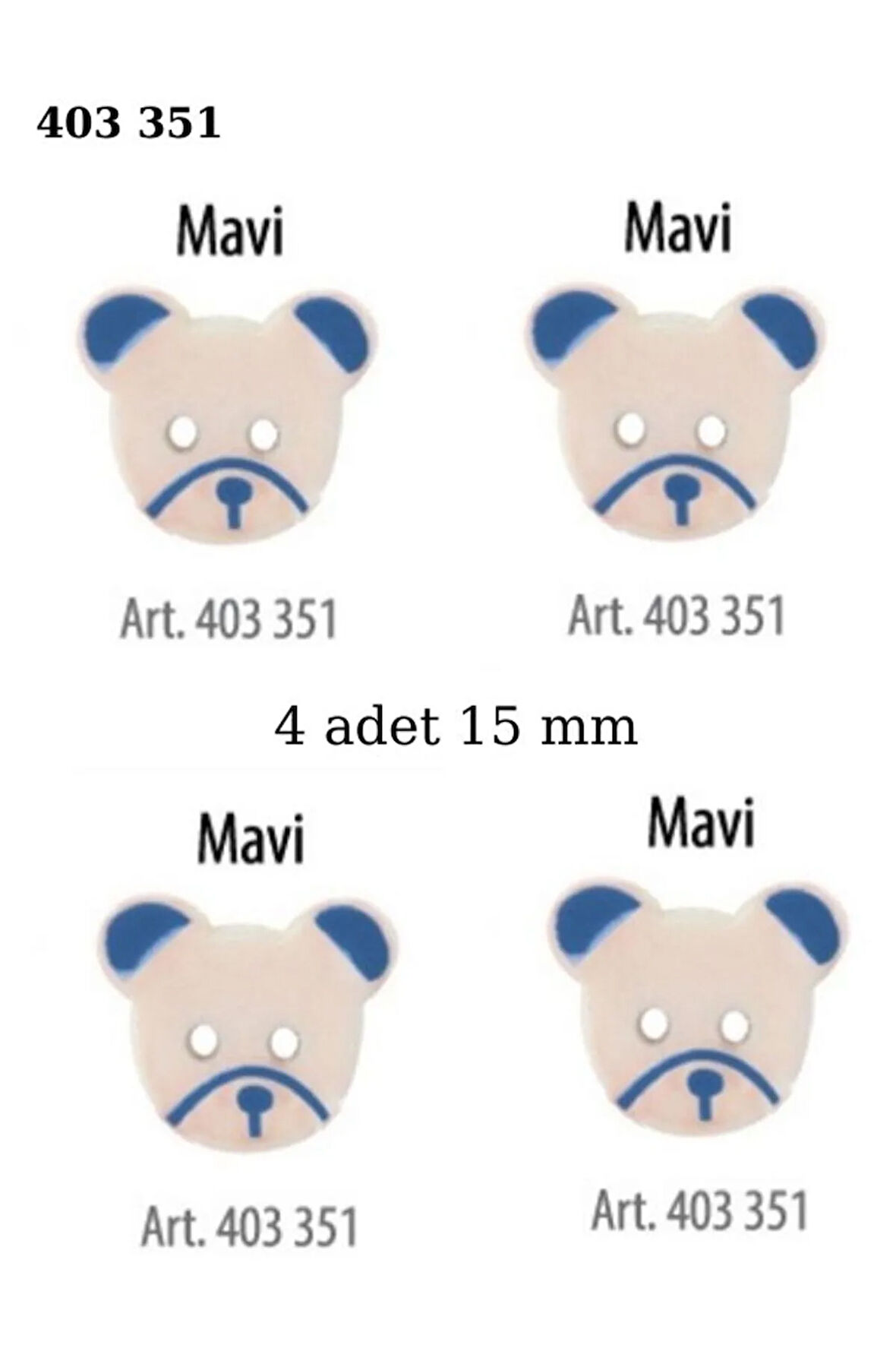 Ayıcık Şekilli Mavi Renk 4 Adet 15 mm Bebek Düğme, Çocuk Kazak, Yelek, Gömlek Düğmesi 403 351