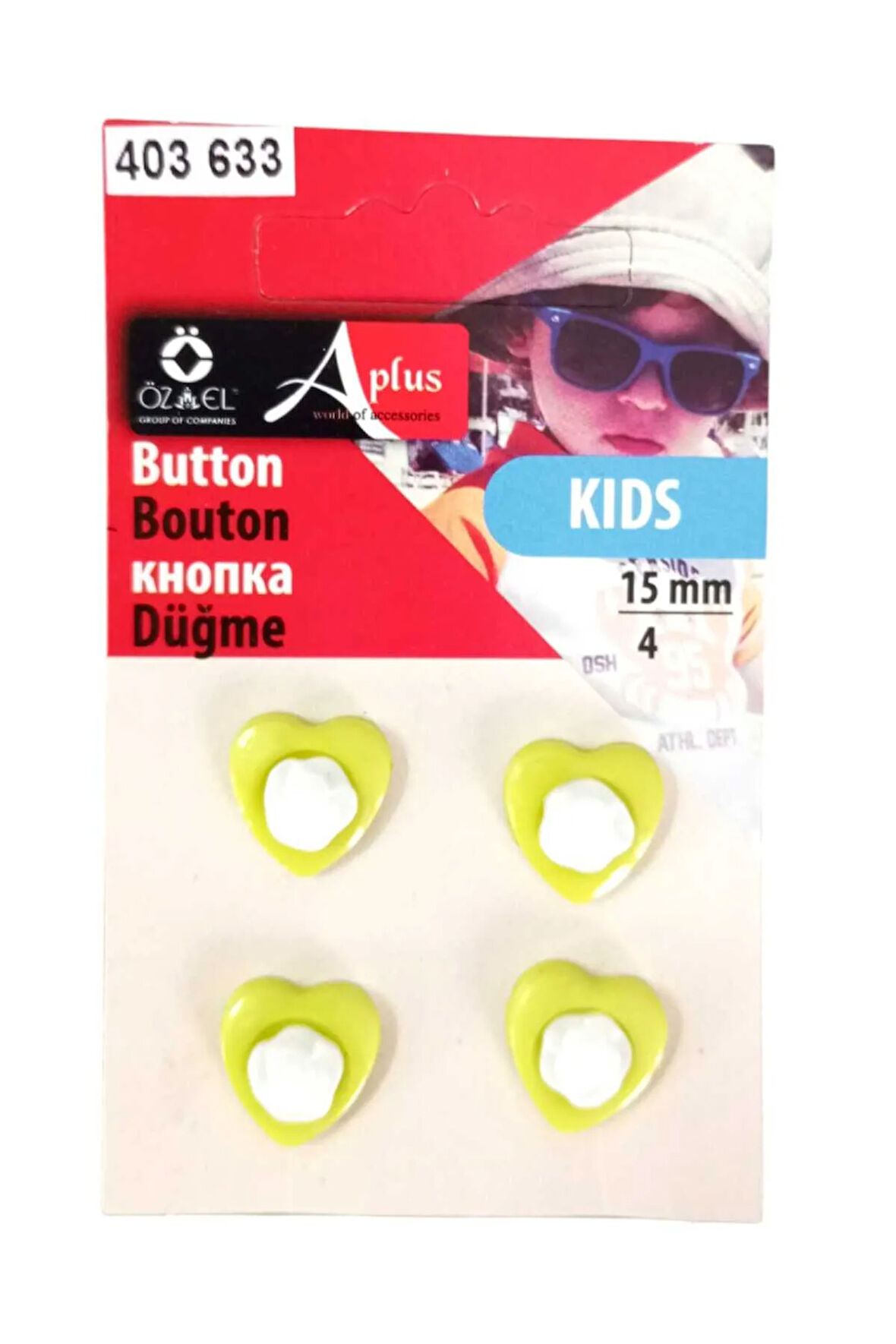 Kalp Şekilli Yeşil Renkli 4 Adet 15 mm Bebek Düğme, Çocuk Düğme, Gömlek Kazak Yelek Düğmesi 403 633