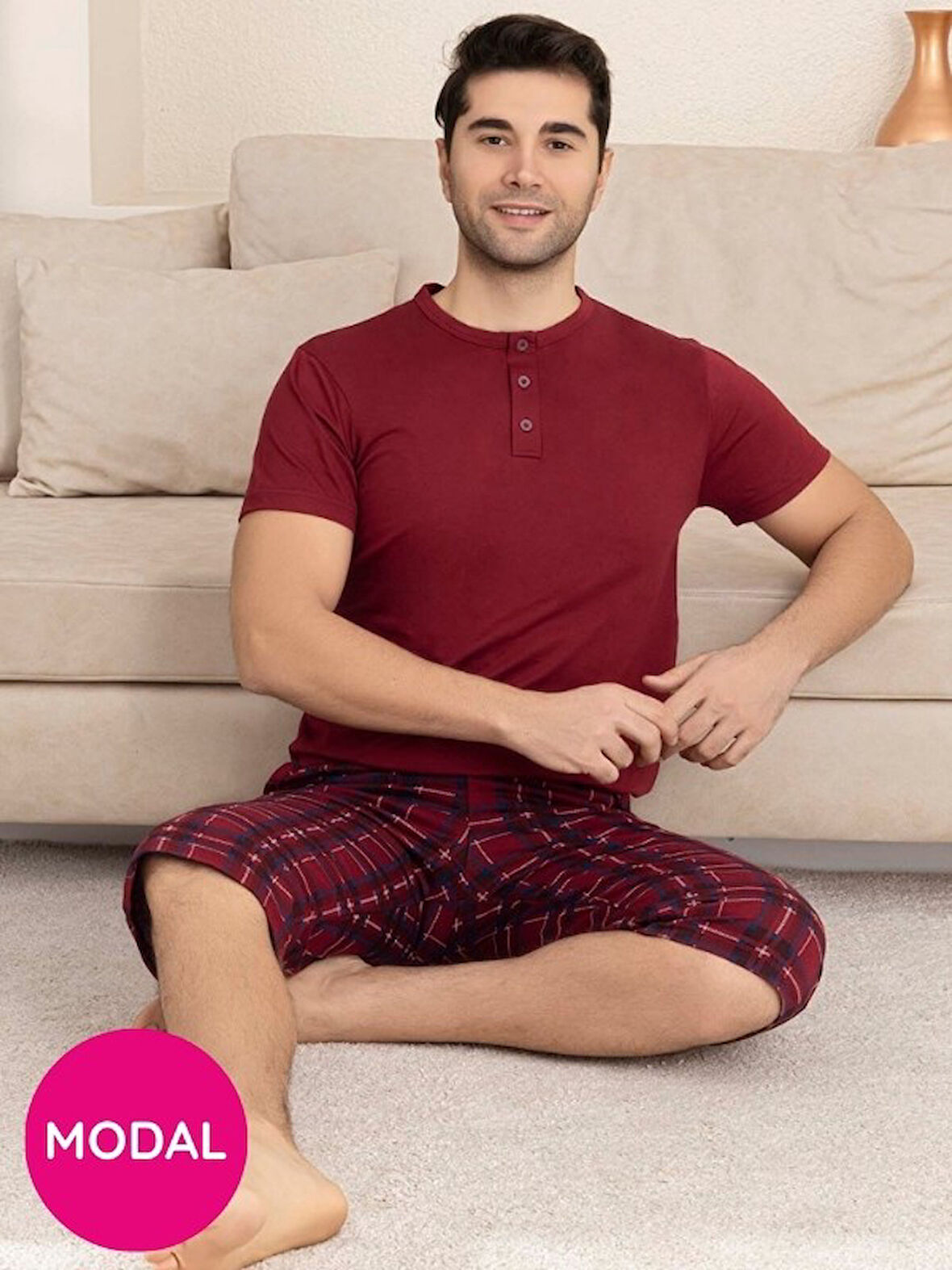 Erkek Bisiklet Yaka 3 Düğmeli Ekose Desen Modal Kısa Kol Cepli Kapri Pijama Takımı