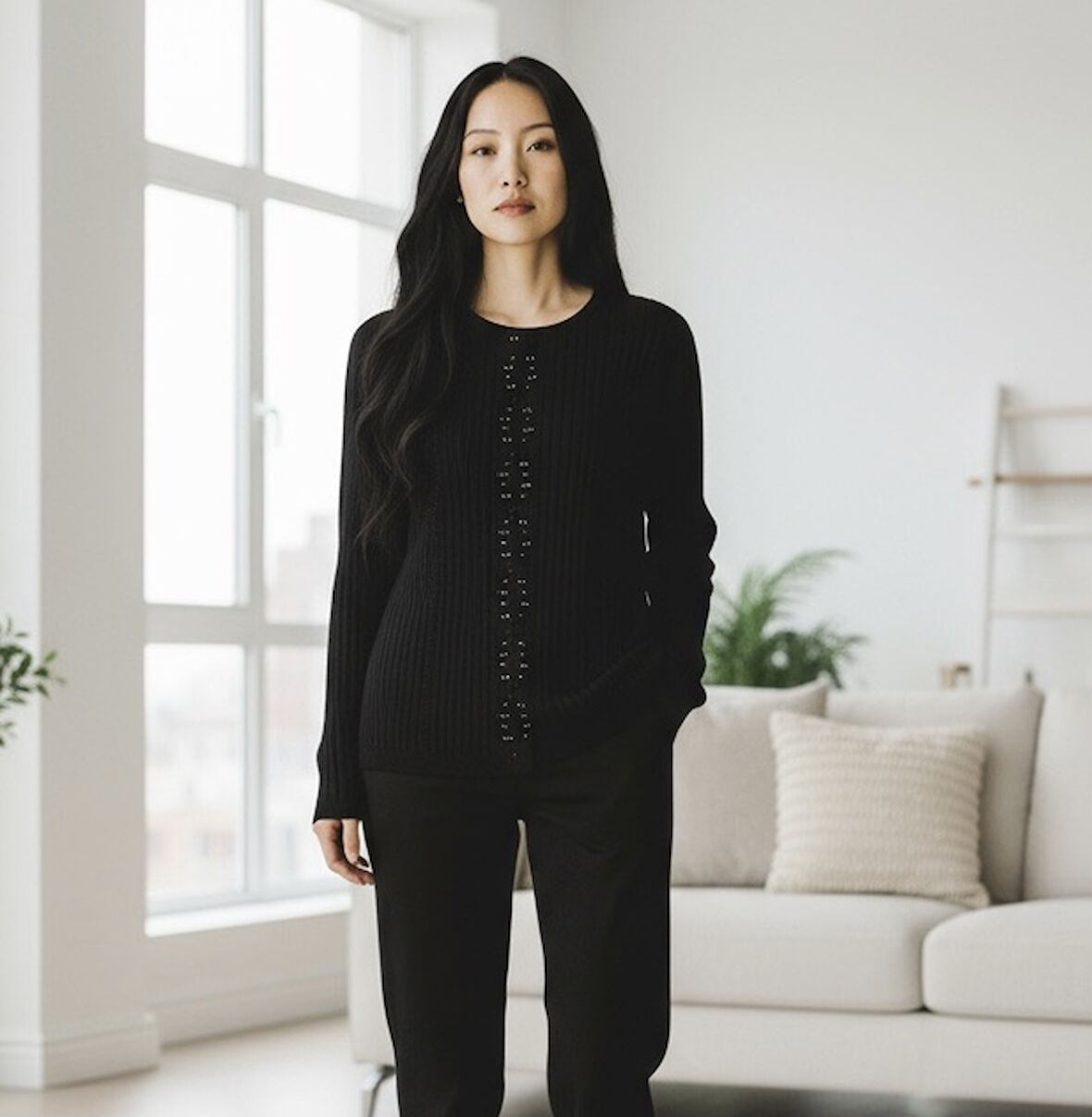 KADIN ÖNÜ TAŞLI KENDİNDEN DESENLİ SIFIR YAKA BLUZ