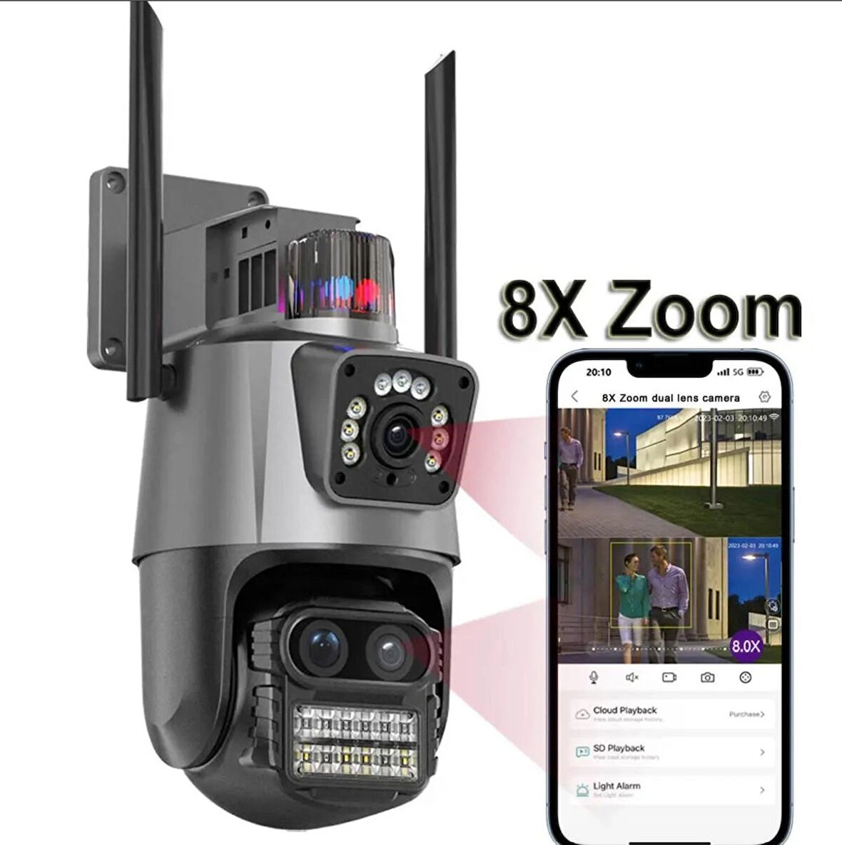 IP66 Su Geçirmez 9MP Çift Lensli 8X Zomlu Wifi PTZ Pollis Çakarlı GÜvenlik Kamerası