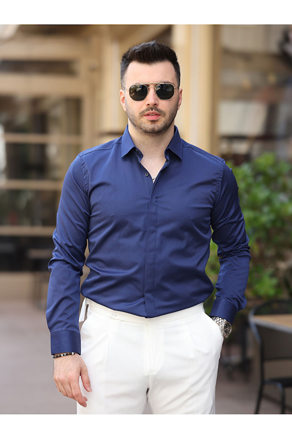 Süper Slim Fit (Dar Kalıp ) Gizli Düğmeli Pamuk Saten Gömlek