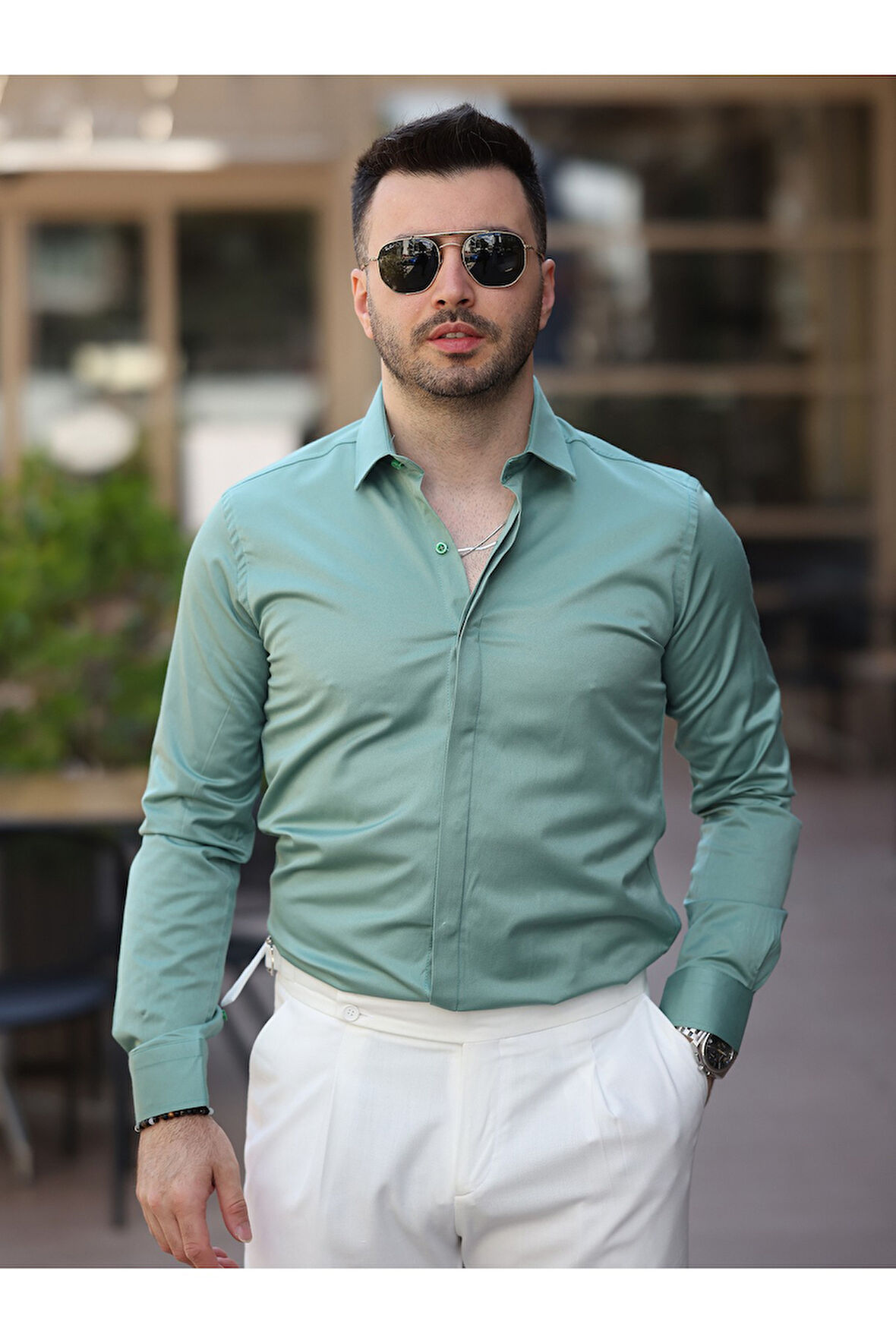 Süper Slim Fit (Dar Kalıp ) Gizli Düğmeli Pamuk Saten Gömlek