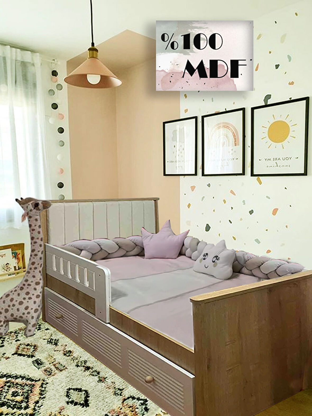 %100 MDF Panjur Ahşap Beyaz 90x190 Yavrulu Kapitoneli Karyola