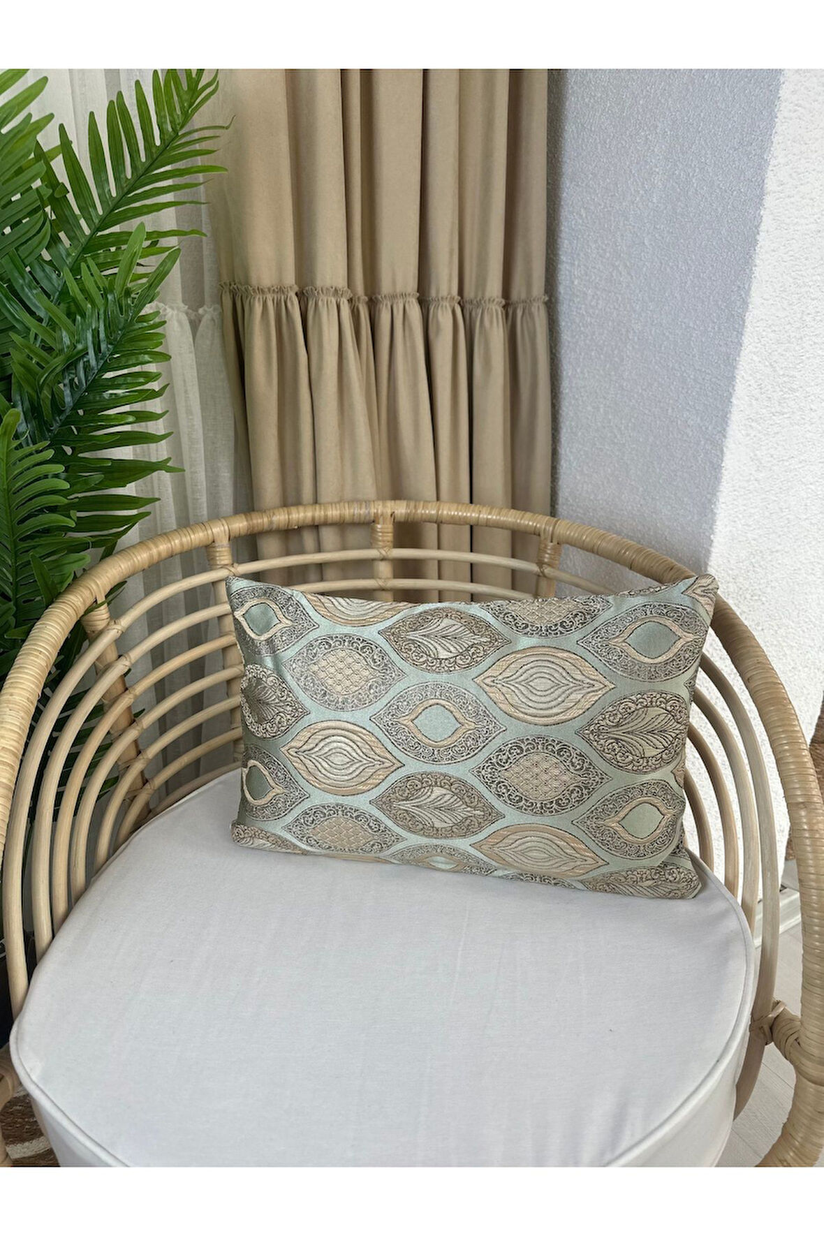 Ekru Bej Kuş Desen Salon Kırlent Kılfıı