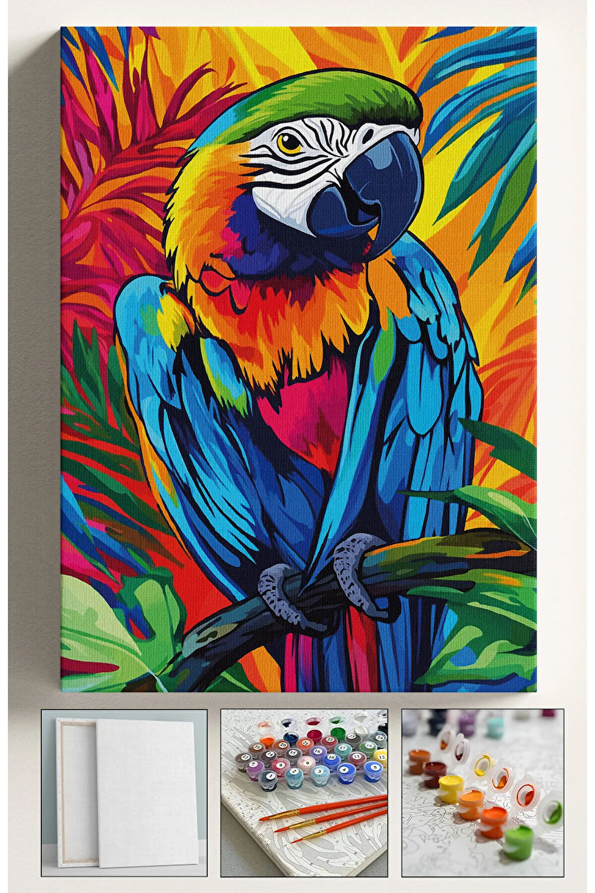 Sayılarla Boyama Hobi Seti Çerçeveli Numaralı Tuval Fırça Boya Dahil Kasnaklı PAPAĞAN 40x50 Cm