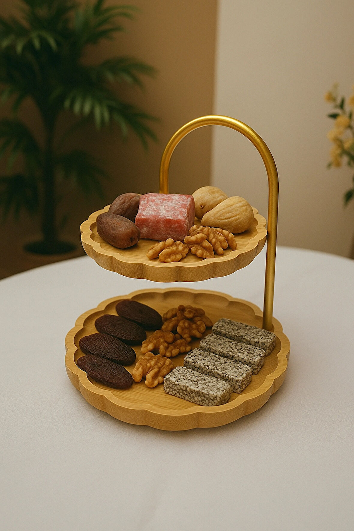 BlissRa Bambu Sunumluk, Sunum Standı, Çift Katlı Sunumluk, Bambu Papatya Sunumluk