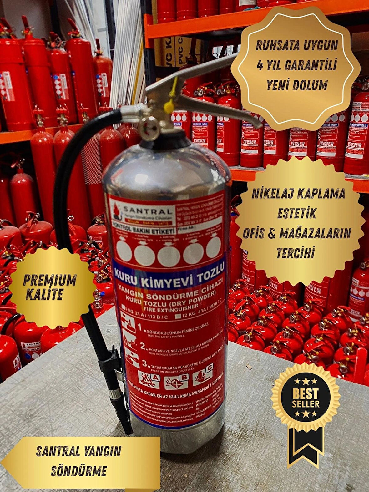 6 kg Nikelaj  Abc Kkt Yangın Söndürme Tüpü 4 Yıl Garantili Fosforlu Levha,Askı Aparatı Kullanma Talimatı ve 3M N95 Maske Dahil