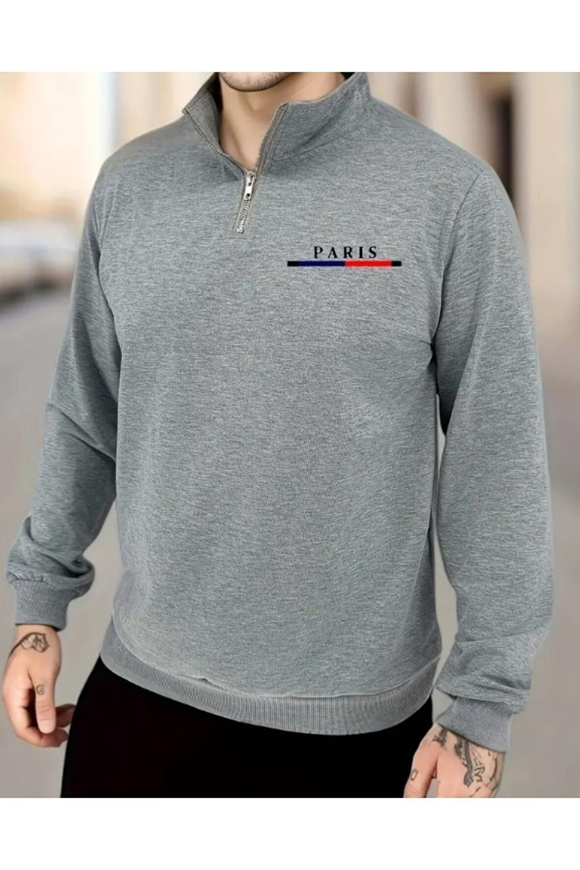 Erkek Paris Baskılı Yarım Fermuarlı Oversize Sweatshirt