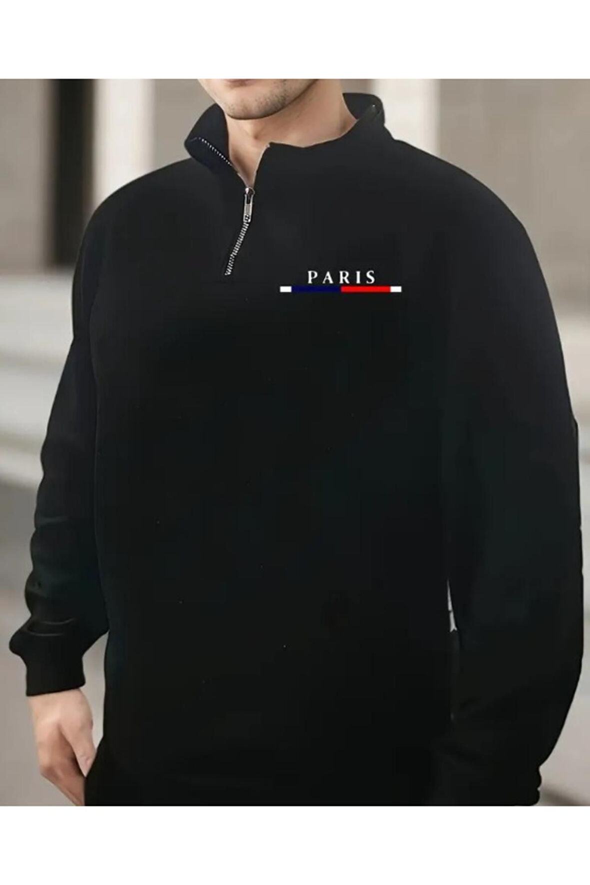 Erkek Paris Baskılı Yarım Fermuarlı Oversize Sweatshirt
