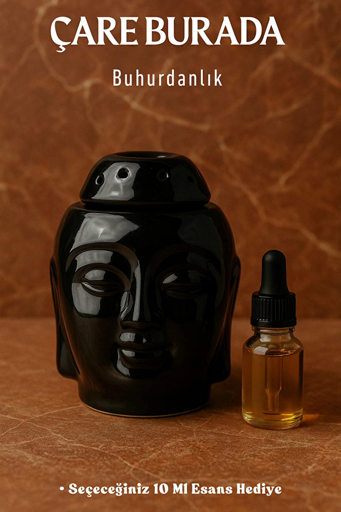 Siyah Parlak Buda Buhurdanlık (Seçeneğiniz 10 Ml Esans Hediye)