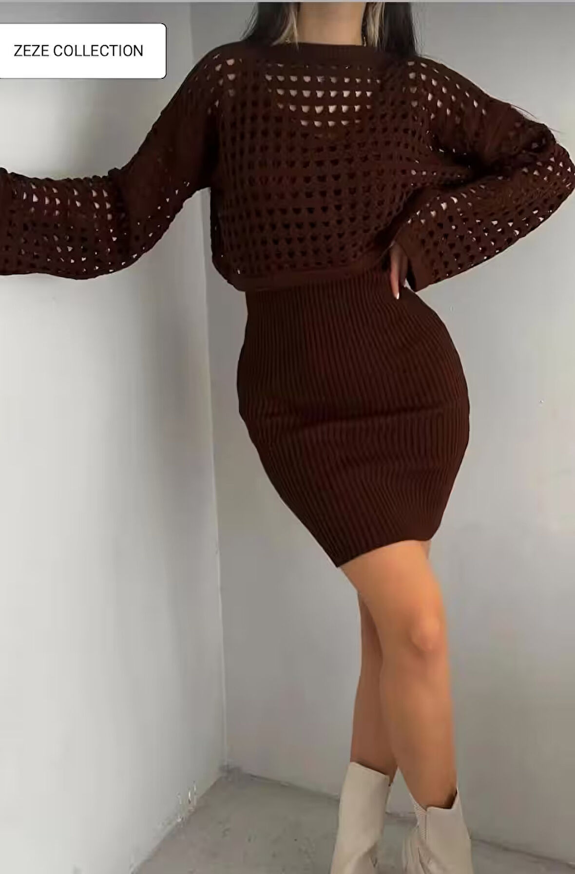 Popüler trend ajurlu triko&elbise ikili takım