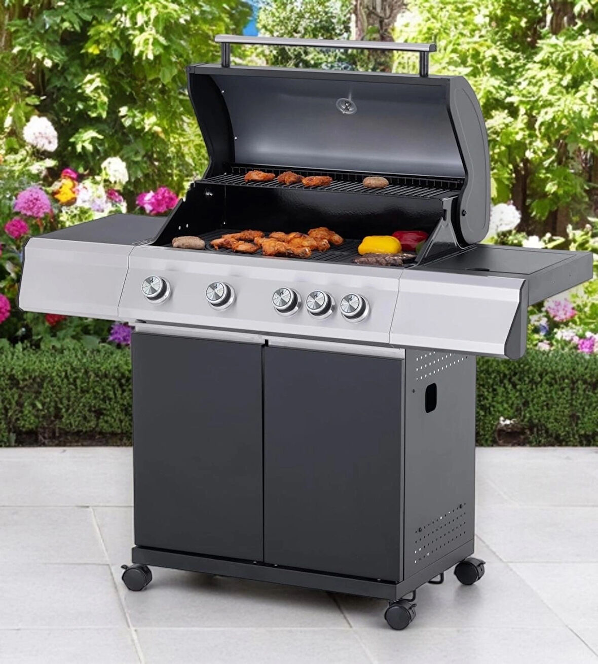 Paxton Gazlı Mangal 4+ 1 Brülörlü Büyük Barbekü  Döküm Izgara Kapaklı Termometreli