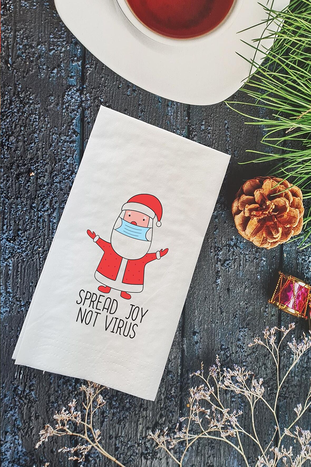 Spread Joy Not Virus Yazılı Maskeli Noel Baba Yılbaşı - Yeni Yıl Peçetesi