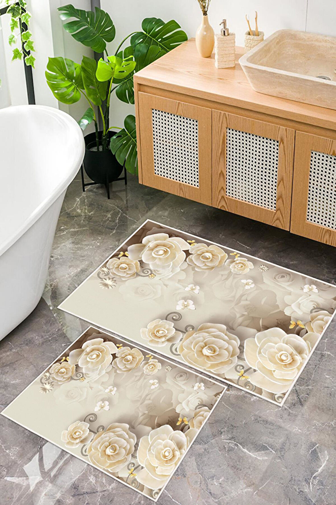 Dijital Baskı Krem Gül Desen Kaymaz Taban 2li Set Banyo Paspası Klozet Takımı (50x60cm-60x100cm)