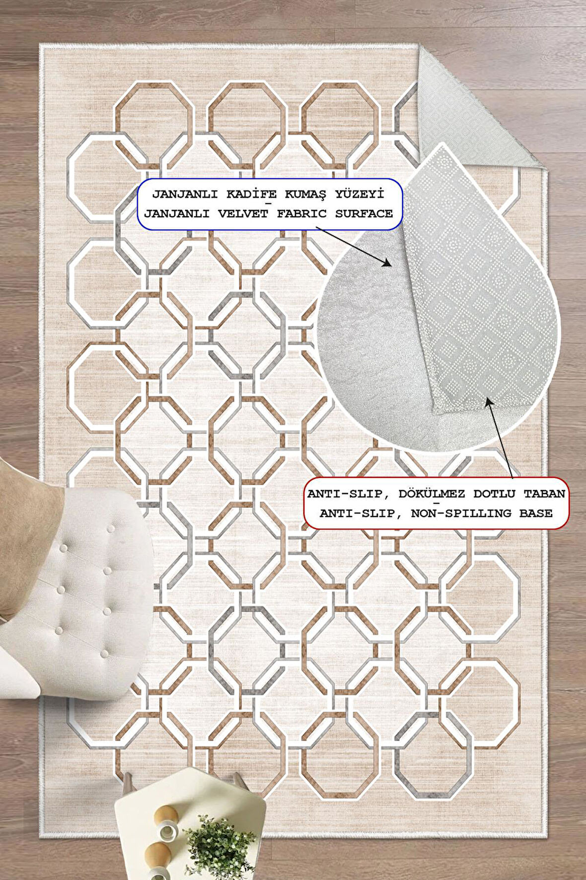 Geometrik Desenli Dekoratif Kaymaz Taban Yıkanabilir Salon Halısı