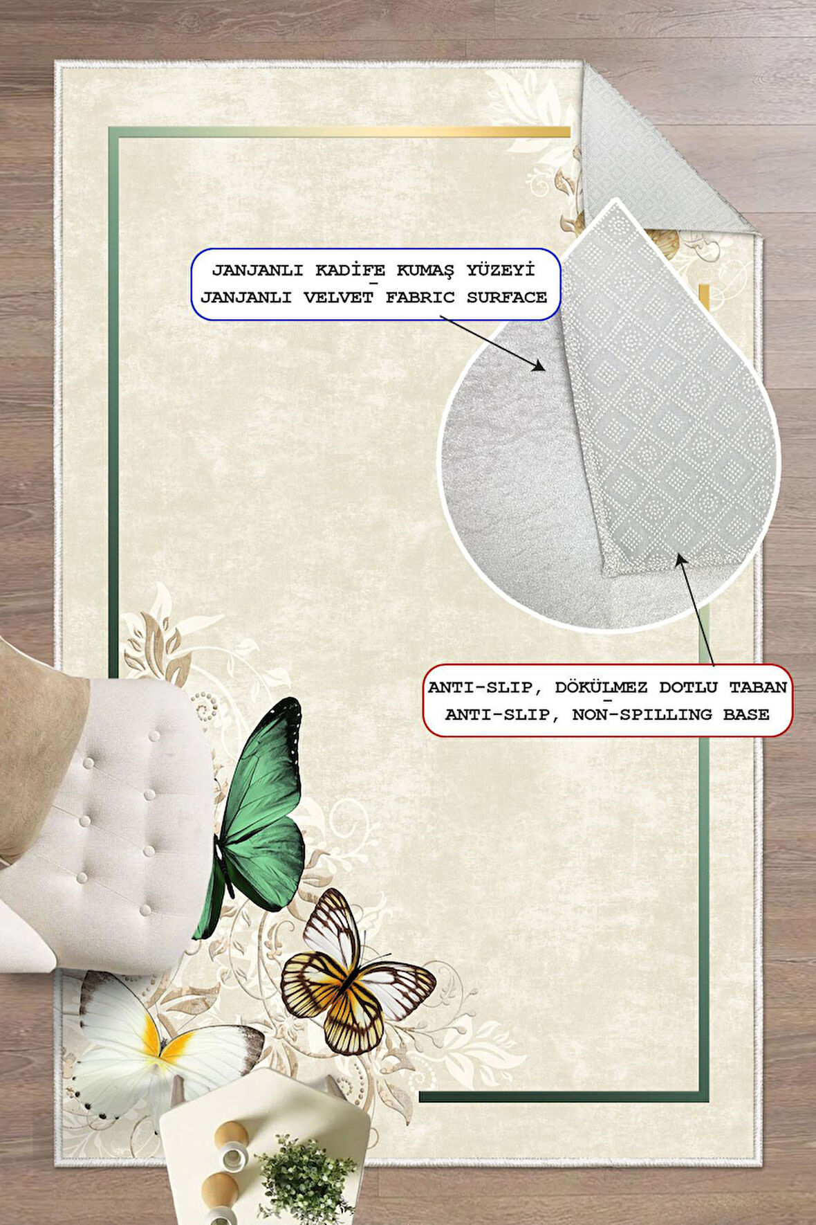 Dijital Baskılı Kelebek Desenli Dekoratif Kaymaz Taban Yıkanabilir Halı Salon Halısı Yolluk