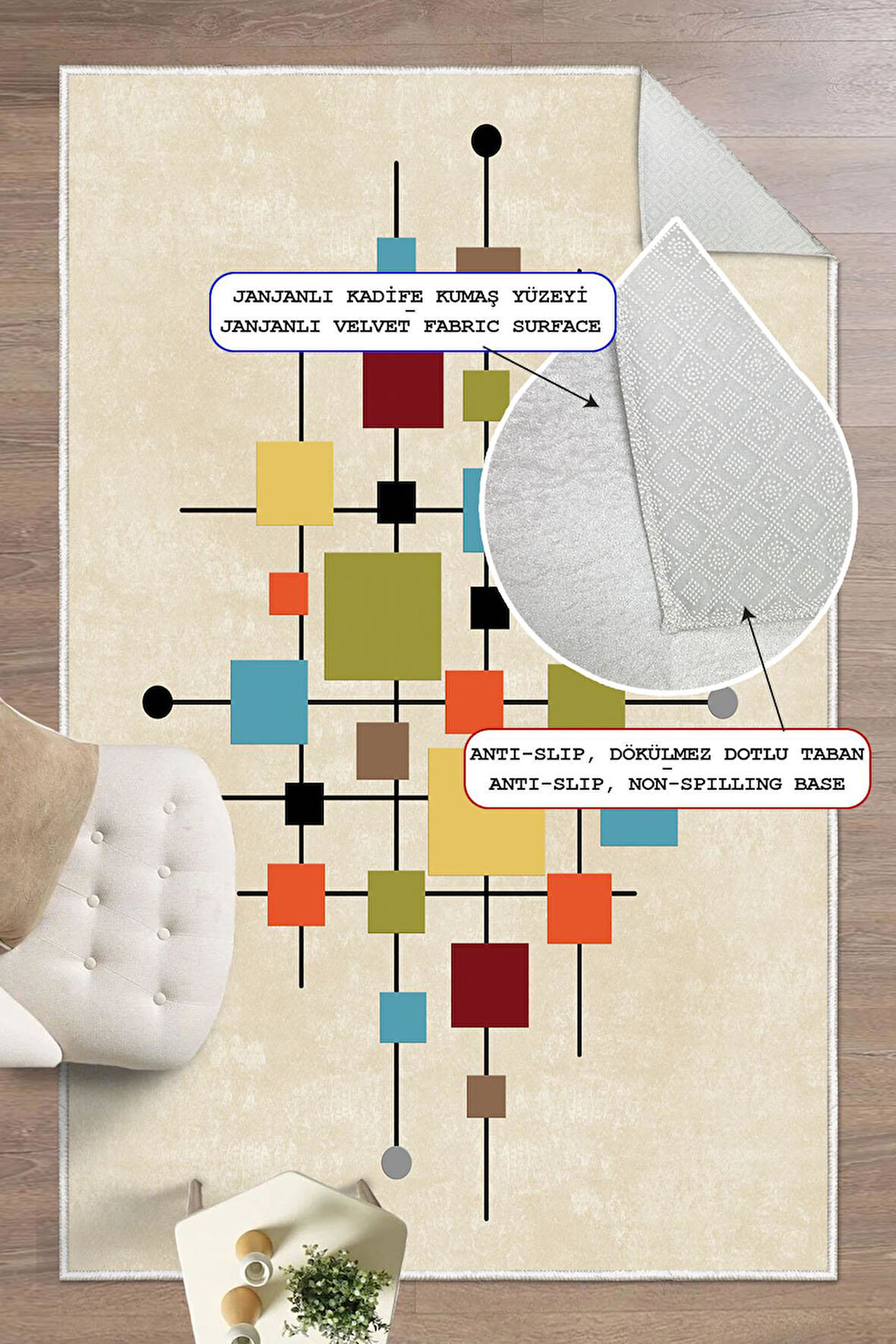 Dijital Baskılı Geometrik Desenli Dekoratif Kaymaz Taban Yıkanabilir Salon Halısı Yolluk