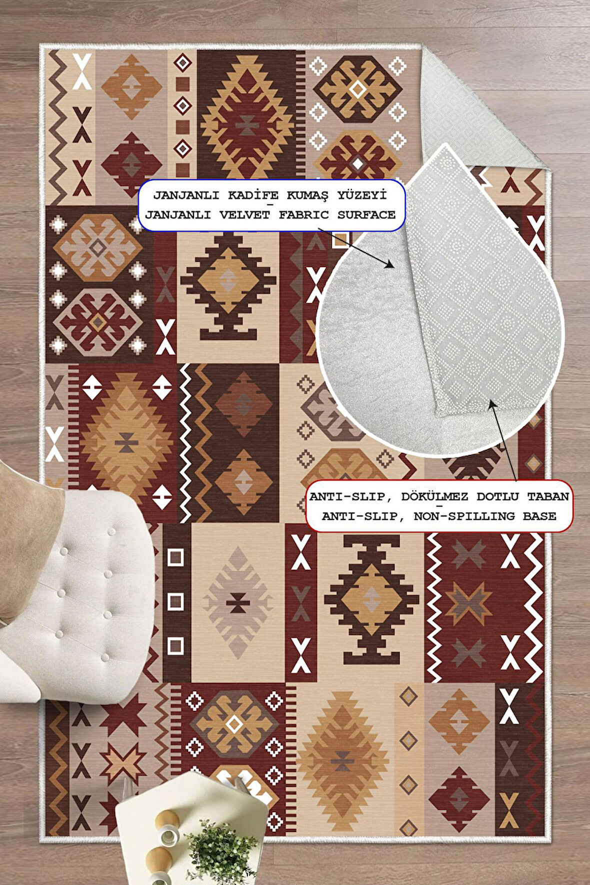 Dijital Baskılı Dekoratif Kaymaz Taban Yıkanabilir Kilim Desen Salon Halısı Yolluk