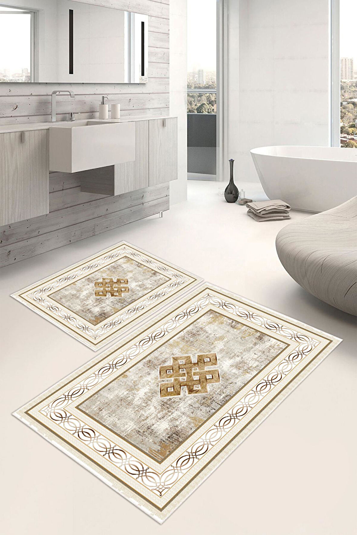 Dijital Baskı Klasik Kaymaz Taban 2li Set Banyo Paspası Klozet Takımı (50x60cm-60x100cm)