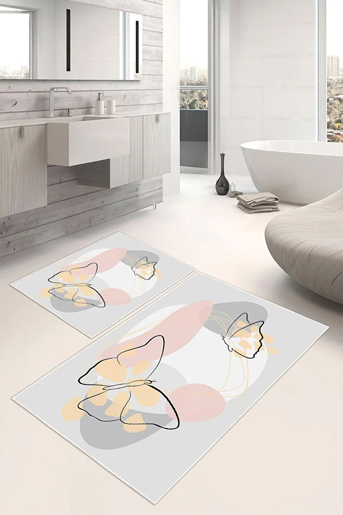Dijital Baskı Kelebek Desen Kaymaz Taban 2li Set Banyo Paspası Klozet Takımı (50x60cm-60x100cm)