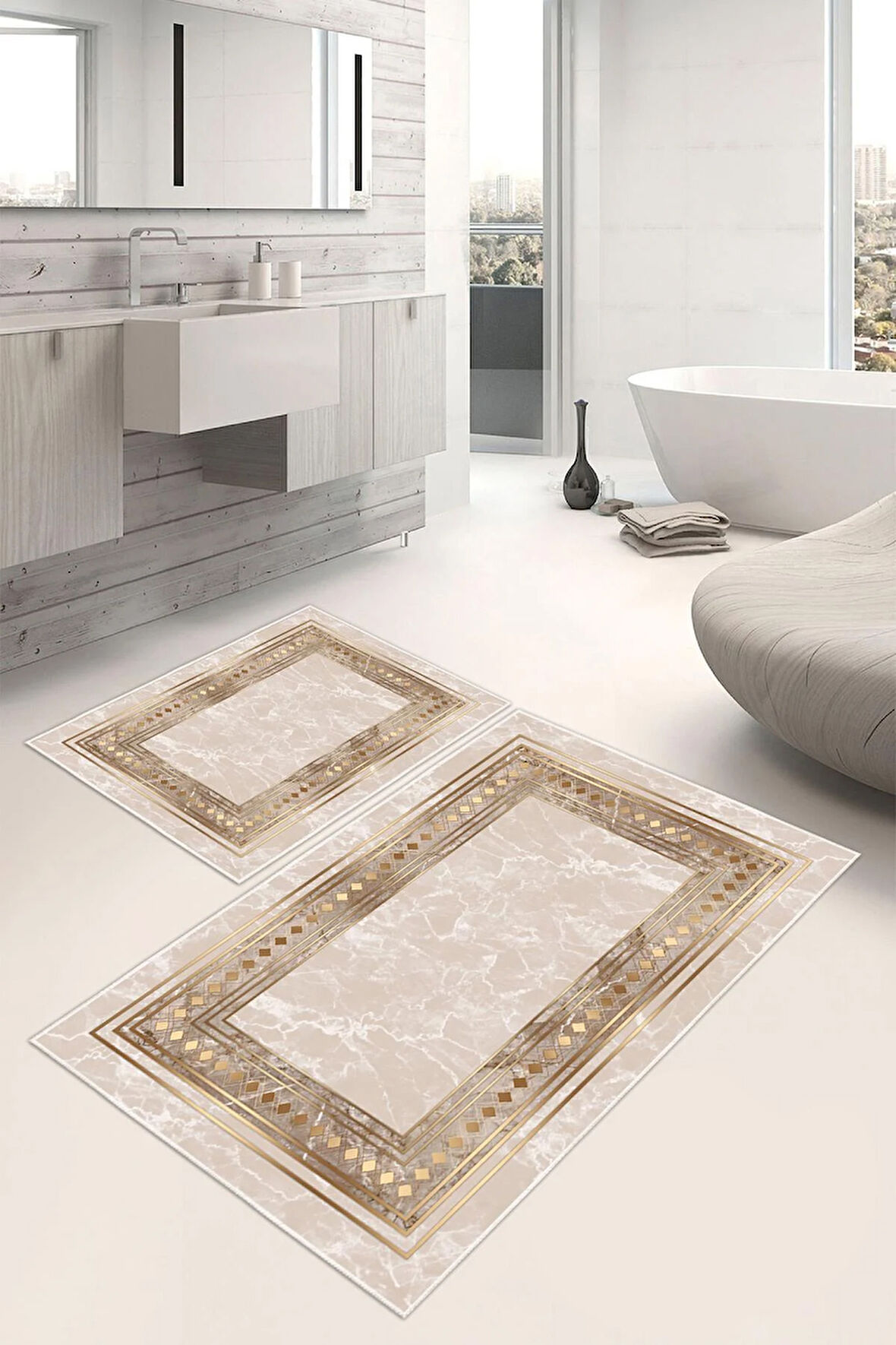 Dijital Baskı Çerçeveli Kaymaz Taban 2li Set Banyo Paspası Klozet Takımı (50x60cm-60x100cm)