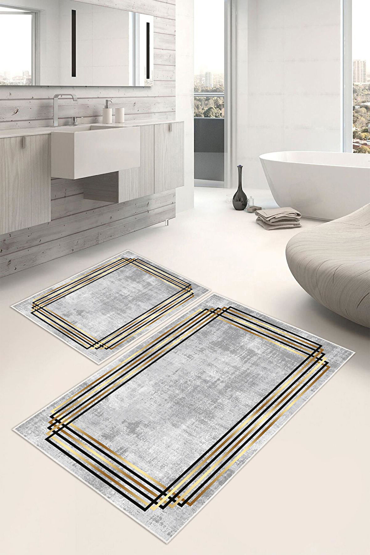 Dijital Baskı Çerçeveli Kaymaz Taban 2li Set Banyo Paspası Klozet Takımı (50x60cm-60x100cm)