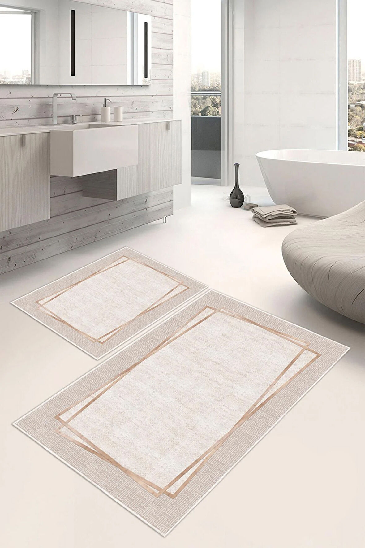 Dijital Baskı Çerçeveli Kaymaz Taban 2li Set Banyo Paspası Klozet Takımı (50x60cm-60x100cm)
