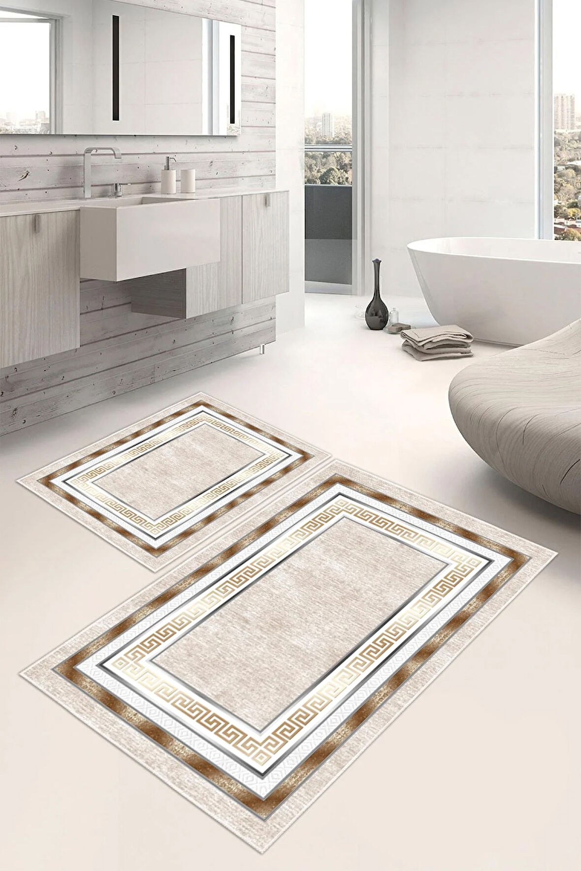 Dijital Baskı Çerçeveli Kaymaz Taban 2li Set Banyo Paspası Klozet Takımı (50x60cm-60x100cm)