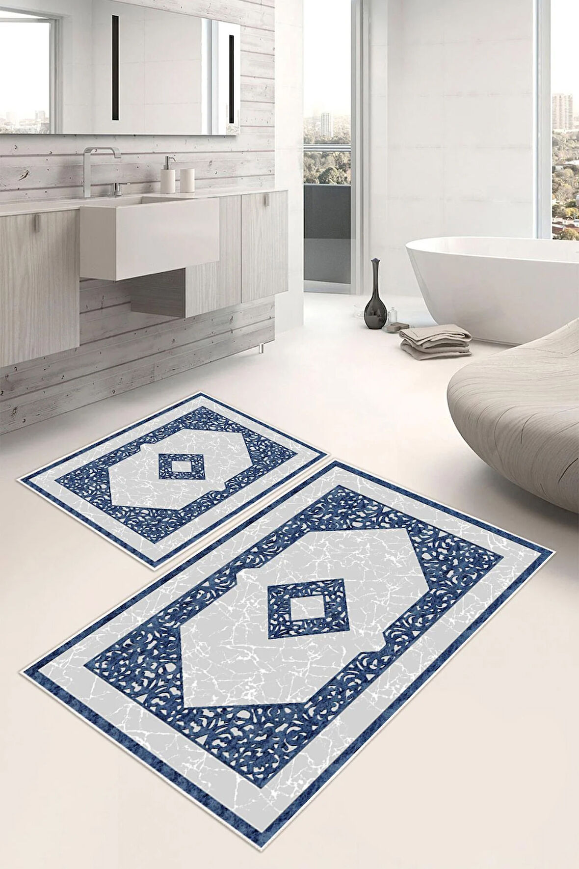 Dijital Baskı Klasik Kaymaz Taban 2li Set Banyo Paspası Klozet Takımı (50x60cm-60x100cm)