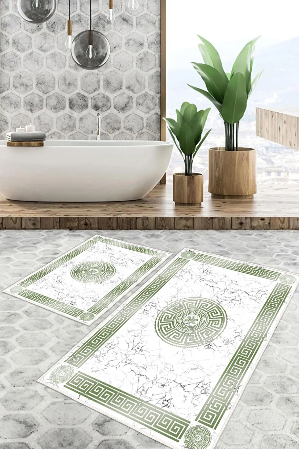 Dijital Baskı Mermer Desen Kaymaz Taban 2li Set Banyo Paspası Klozet Takımı (50x60cm-60x100cm)