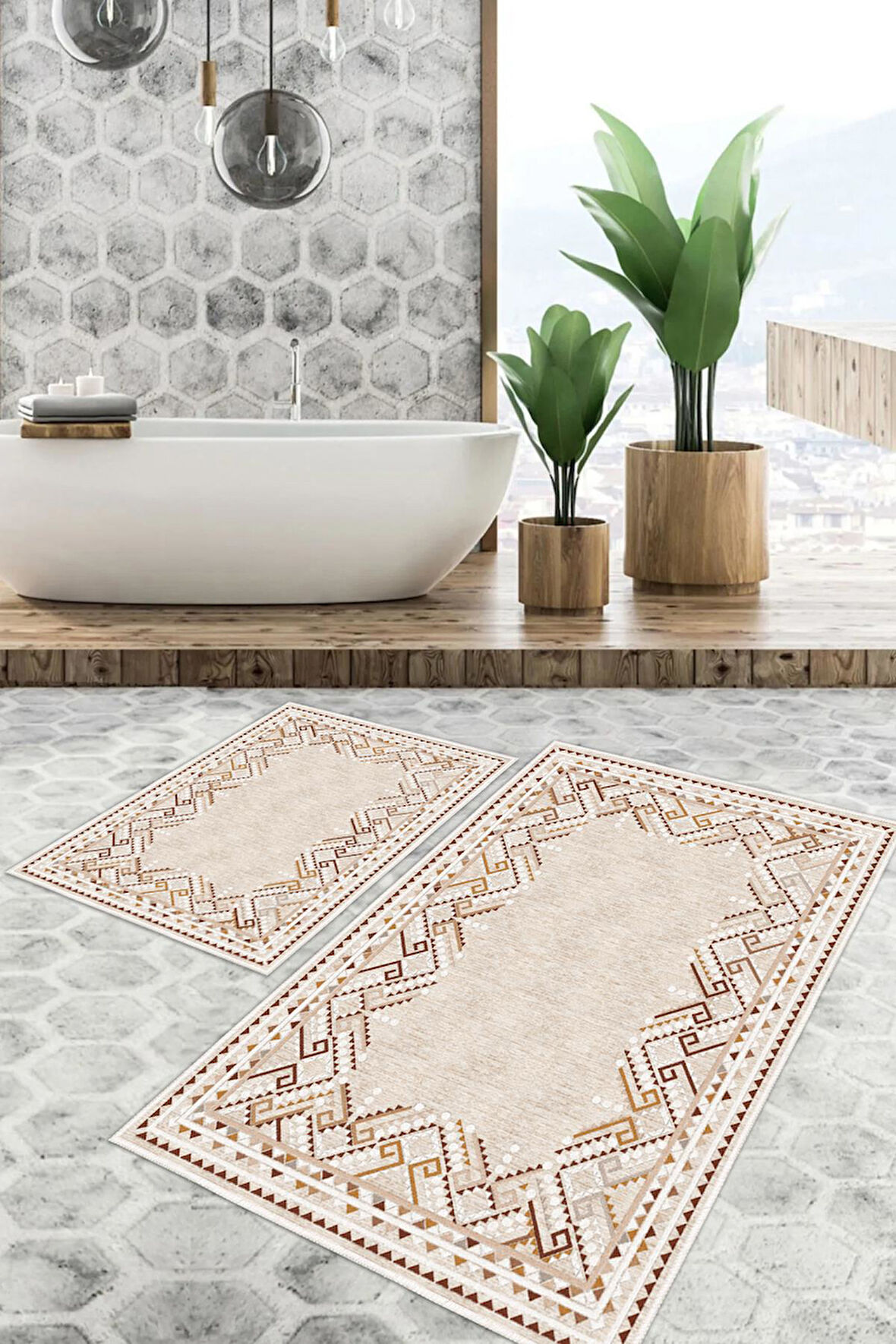 Dijital Baskı Kilim Desen Kaymaz Taban 2li Set Banyo Paspası Klozet Takımı (50x60cm-60x100cm)
