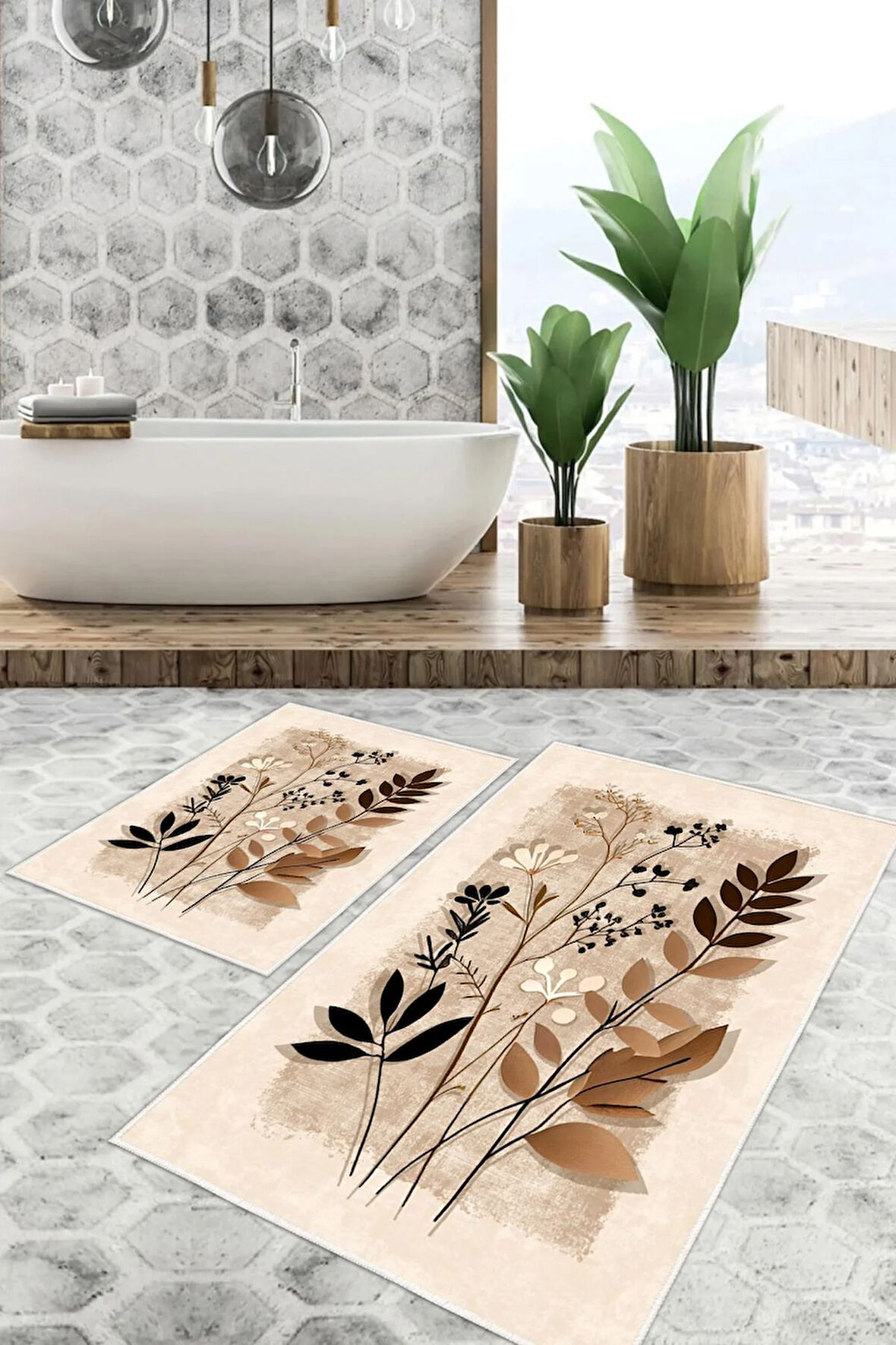 Dijital Baskı Yaprak Desen Kaymaz Taban 2li Set Banyo Paspası Klozet Takımı (50x60cm-60x100cm)