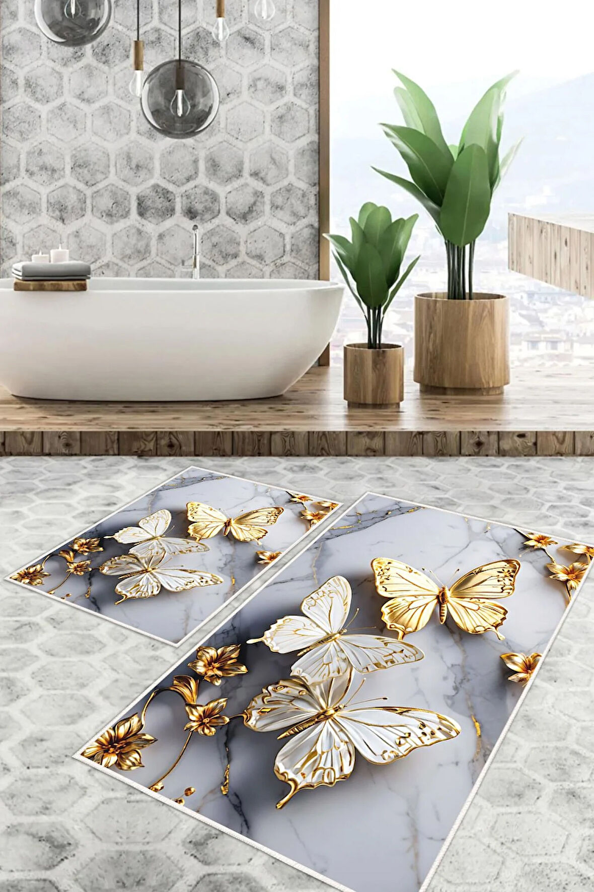 Dijital Baskı Kelebek Desen Kaymaz Taban 2li Set Banyo Paspası Klozet Takımı (50x60cm-60x100cm)