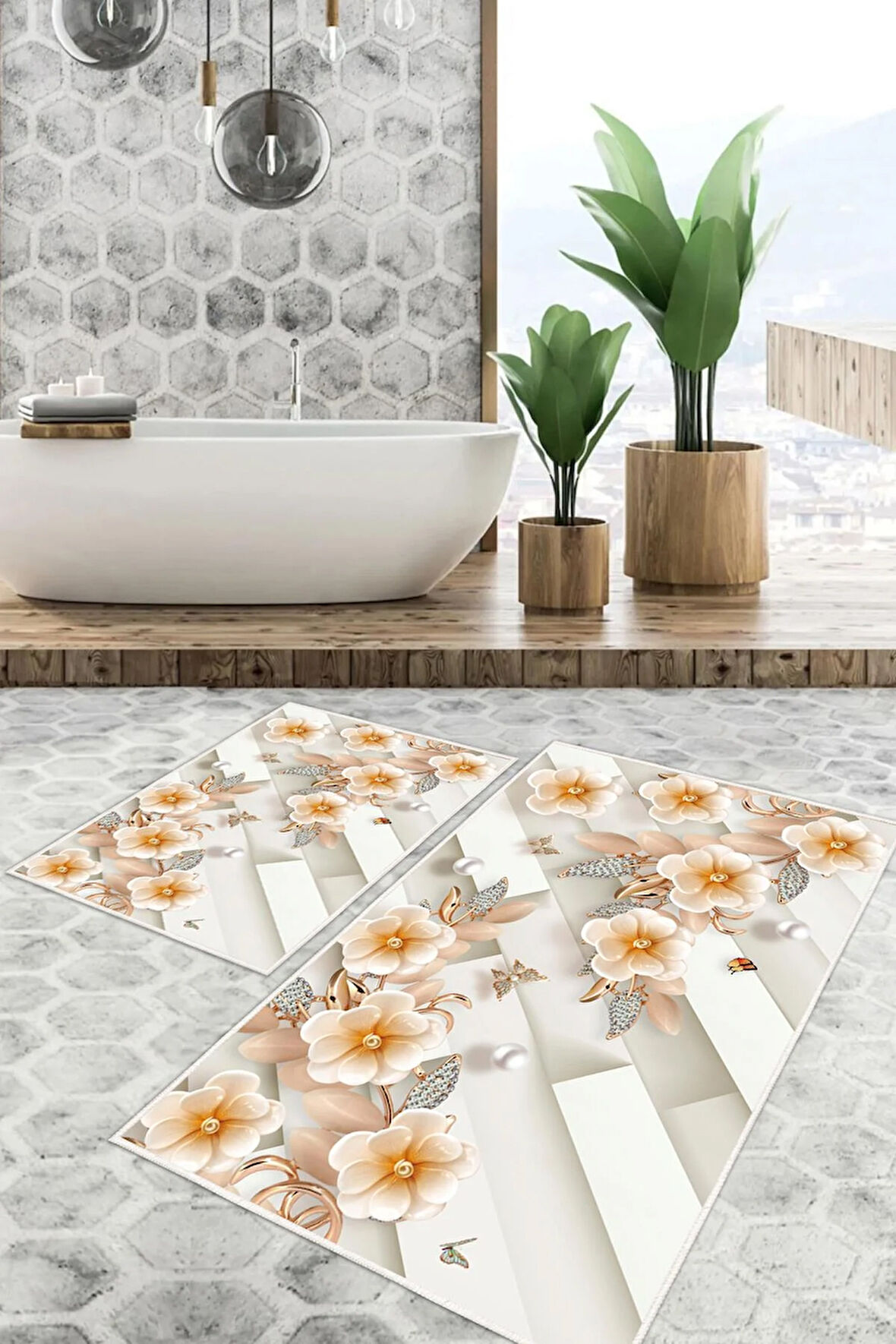 Dijital Baskı Çicek Desen Kaymaz Taban 2li Set Banyo Paspası Klozet Takımı (50x60cm-60x100cm)