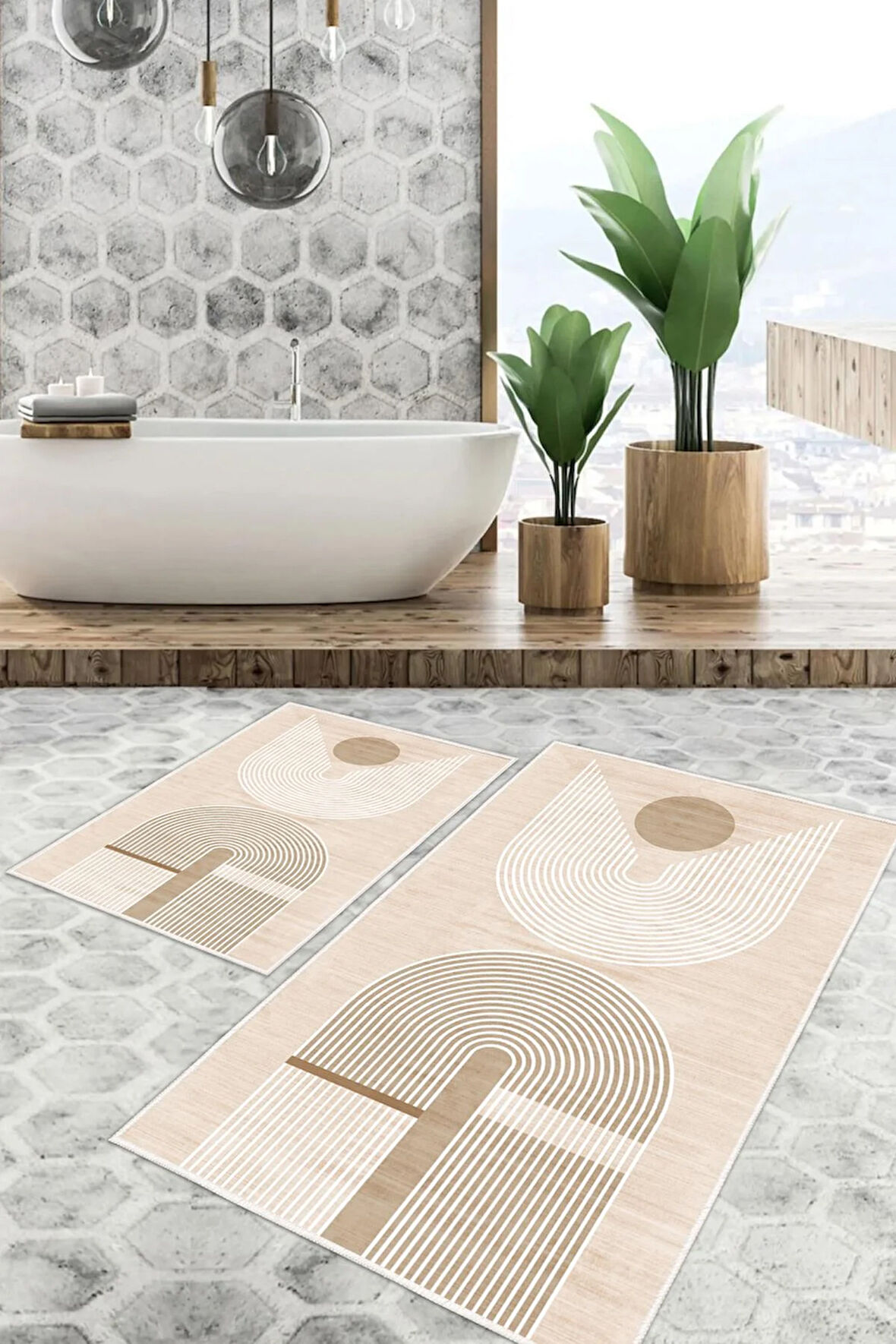 Dijital Baskı Modern Kaymaz Taban 2li Set Banyo Paspası Klozet Takımı (50x60cm-60x100cm)