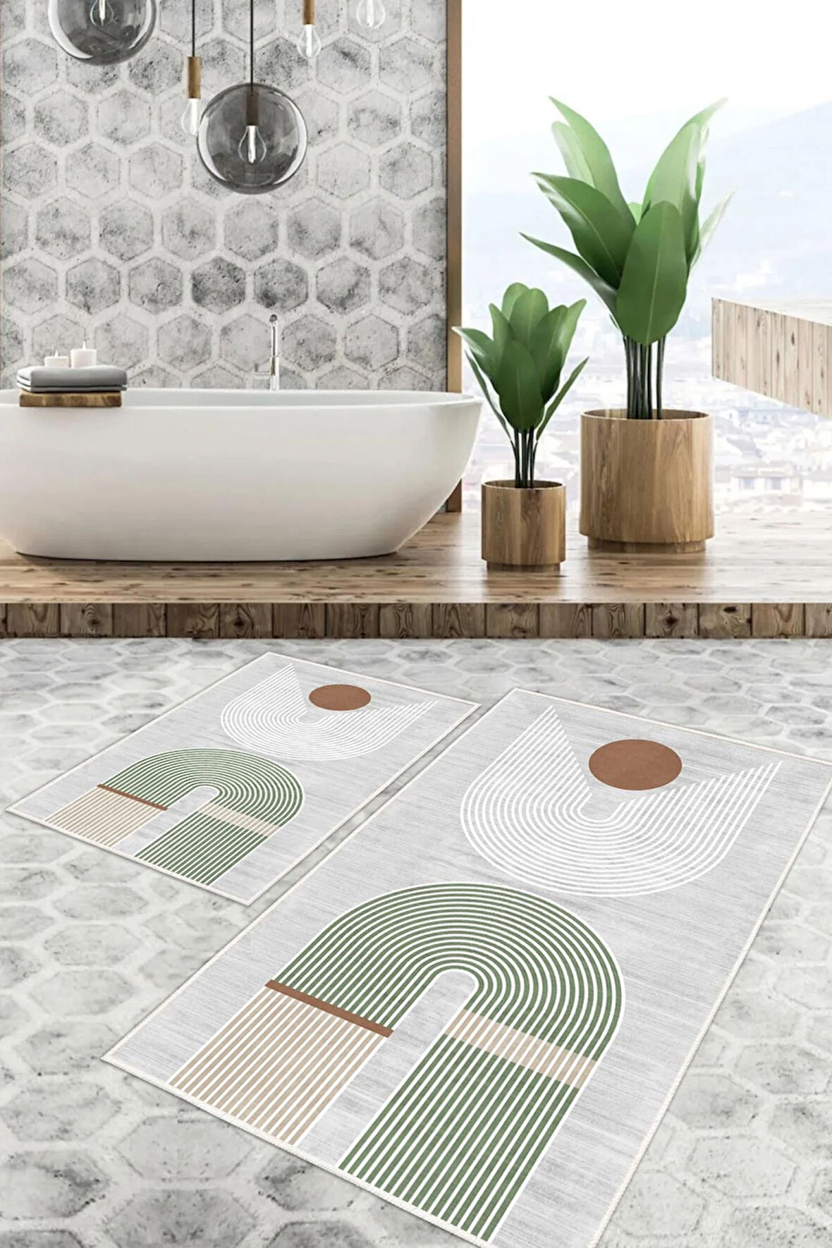 Dijital Baskı Modern Kaymaz Taban 2li Set Banyo Paspası Klozet Takımı (50x60cm-60x100cm)