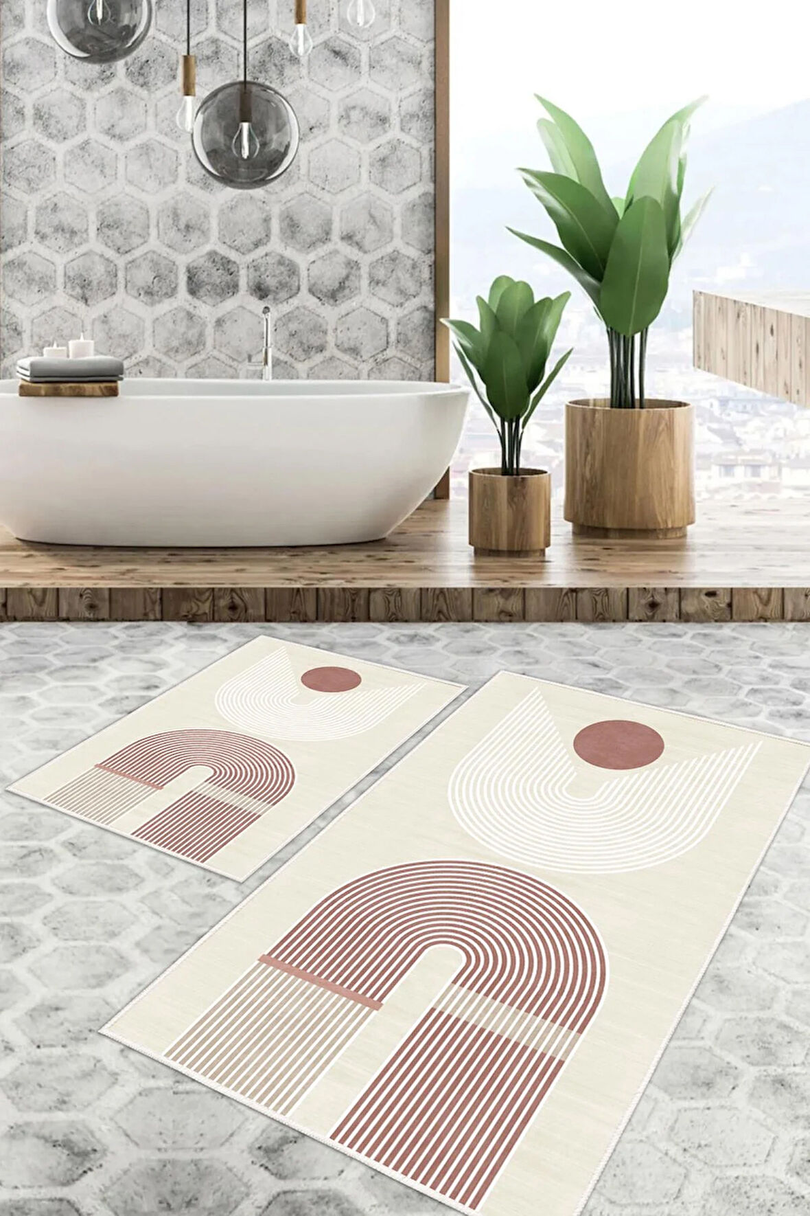 Dijital Baskı Modern Kaymaz Taban 2li Set Banyo Paspası Klozet Takımı (50x60cm-60x100cm)