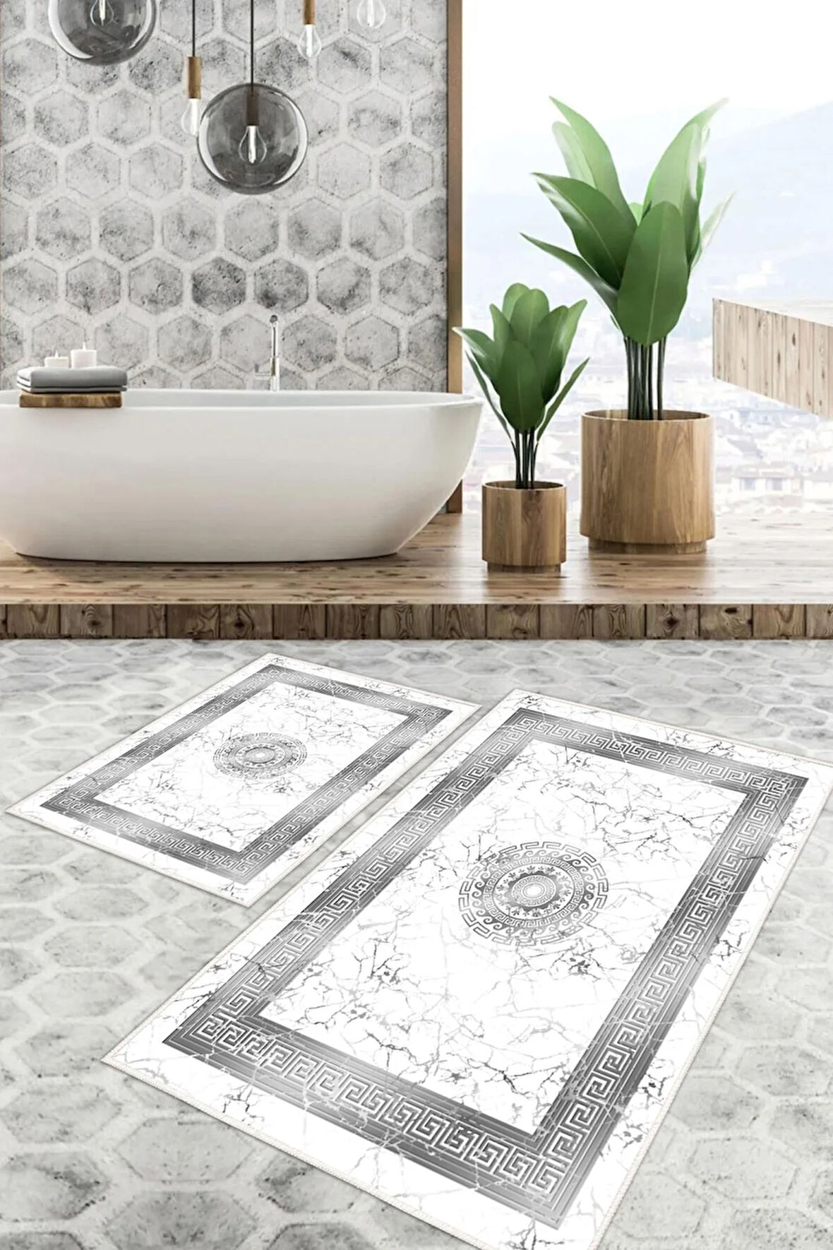 Dijital Baskı Mermer Desen Kaymaz Taban 2li Set Banyo Paspası Klozet Takımı (50x60cm-60x100cm)