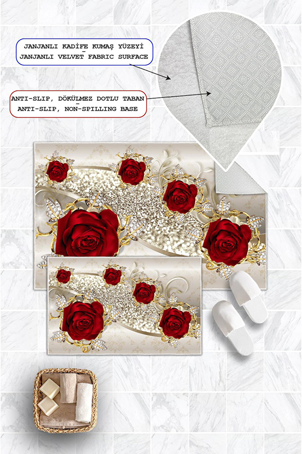 Dijital Baskı Gül Desen Kaymaz Taban 2li Set Banyo Paspası Klozet Takımı (50x60cm-60x100cm)