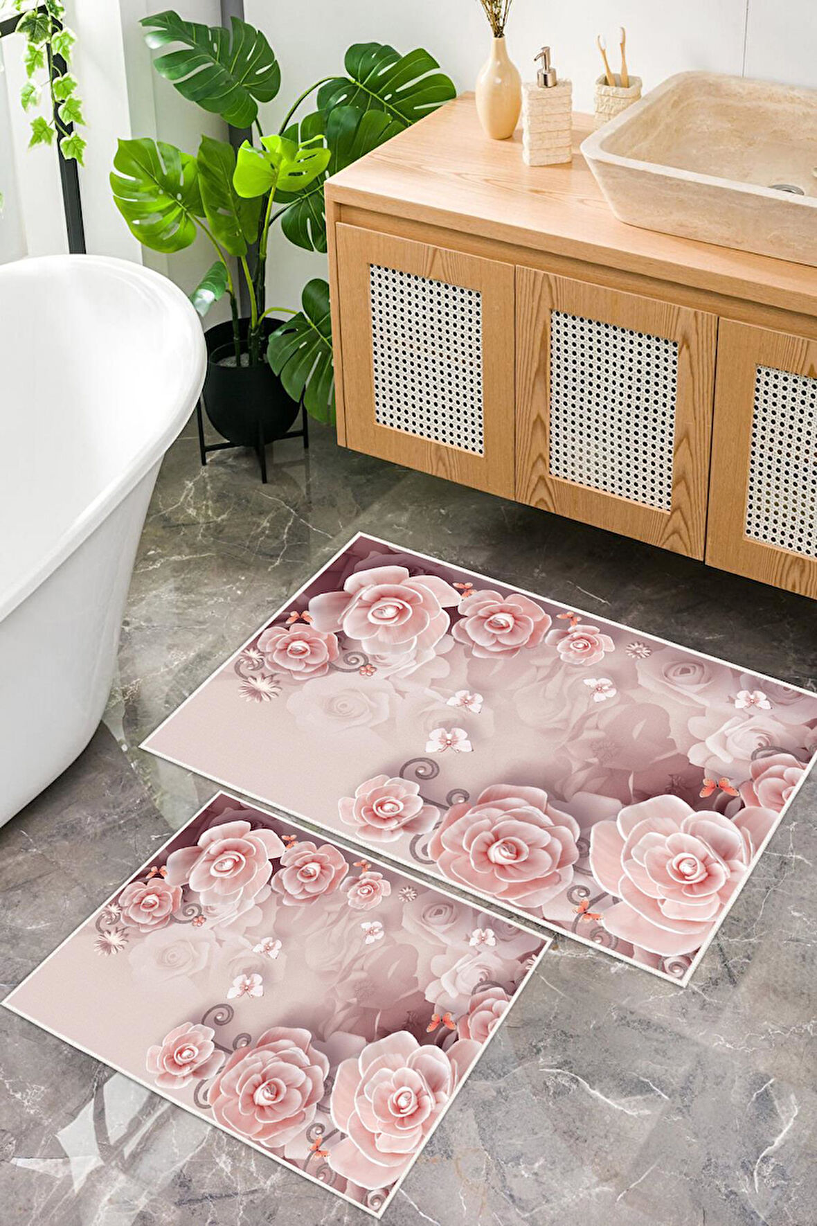 Dijital Baskı Gül Desen Kaymaz Taban 2li Set Banyo Paspası Klozet Takımı (50x60cm-60x100cm)