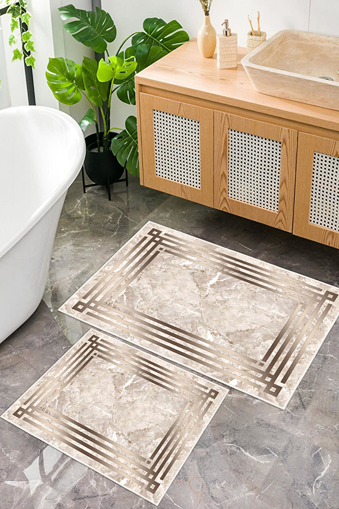 Dijital Baskı Mermer Desen Kaymaz Taban 2li Set Banyo Paspası Klozet Takımı (50x60cm-60x100cm)