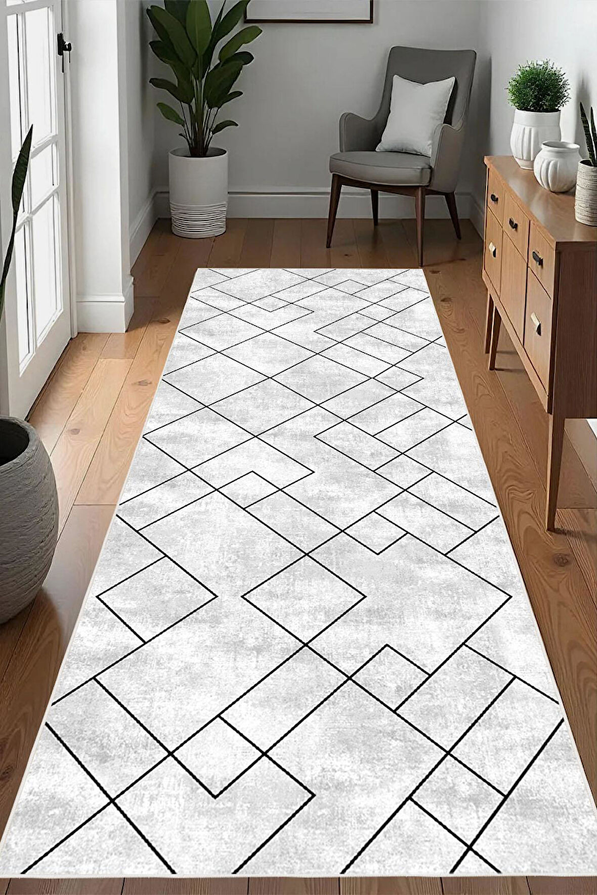 Dijital Baskılı Geometrik Desen Dekoratif Kaymaz Taban Yıkanabilir Yolluk Antre Hol Halısı Salon Halısı